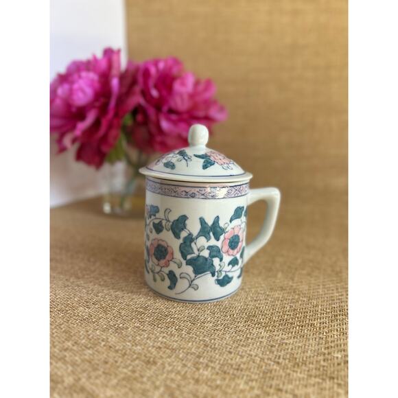 Vintage Pier 1 Floral Ceramic Tea Mug with Lid Pink Green Flowers China - Picture 3 of 8